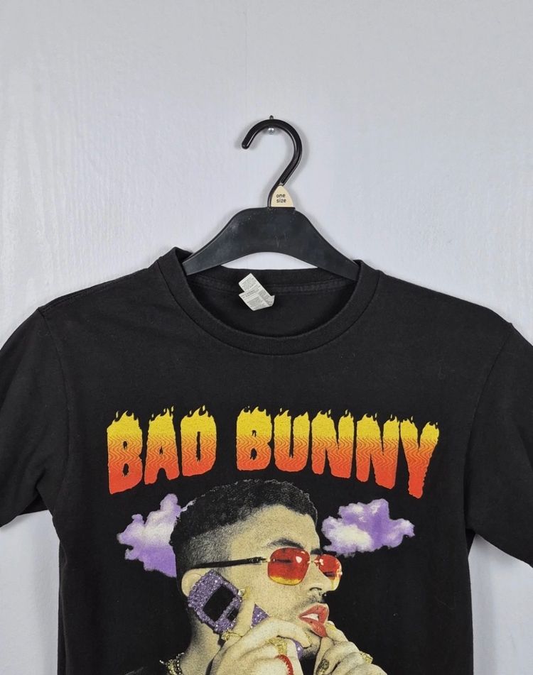 Alstyle Bad Bunny Graphic T-Shirt Small Black Flame Portrait Rap Music Tee image 2