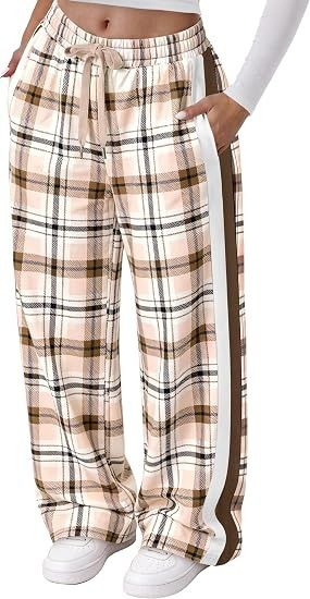 Plaid Wide-Leg Pants With Side Stripes image 1