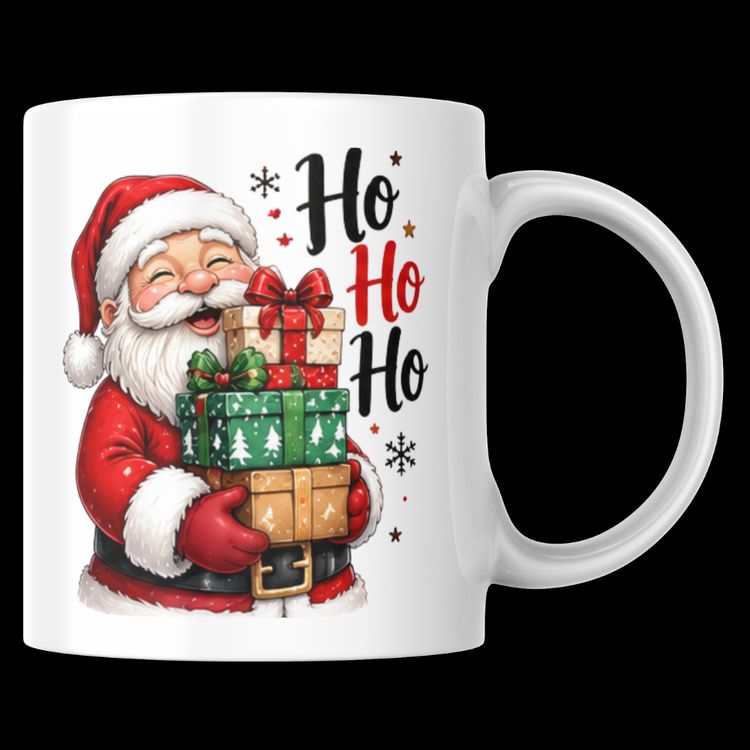 Joyful Ho Ho Ho Santa Ceramic Coffee Mug – Cute Holiday Tea Cup with Stacked Christmas Gifts & Red Suit Gift (M1237)