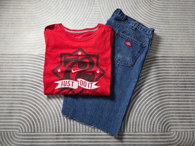 Red Graphic T-Shirt And Blue Denim Shorts