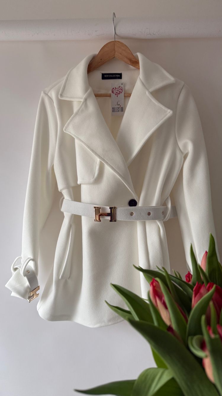 Other Śmietankowy płaszcz wiosenny damski White Belted Coat product image