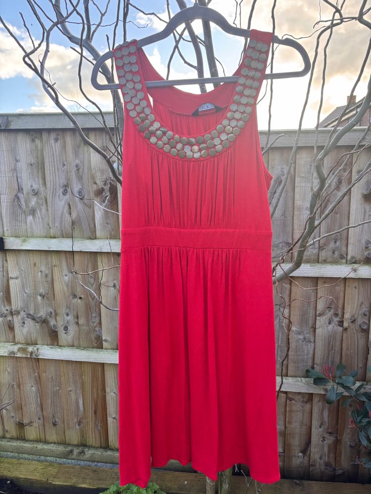 F&F Red Sleeveless Dress With Decorative Neckline