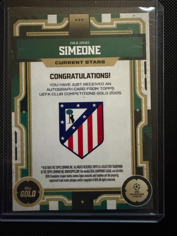 Giuliano Simeone Auto /75 Green Topps Gold 2025-26 Atlético Madrid imagen 2