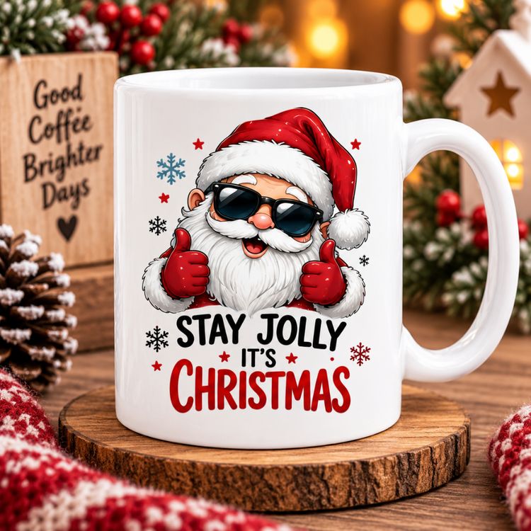 Cool Stay Jolly It's Christmas Santa Ceramic Coffee Mug – Funny Holiday Tea Cup with Sunglasses & Thumbs Up Gift (M1235)