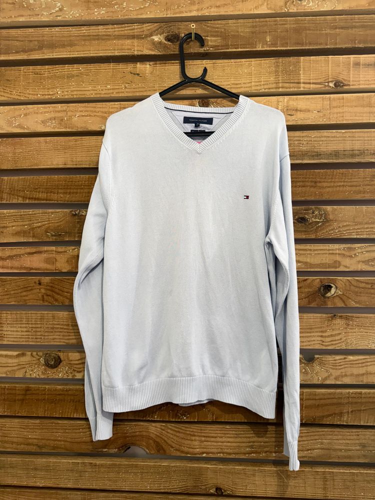 Vintage 90s Tommy Hilfiger V neck cotton jumper/ sweater. Blue. Size XL. image 1
