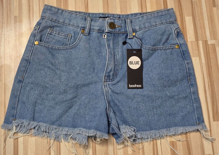 Boohoo Blue Washed Raw Hem Mid Rise Denim Shorts