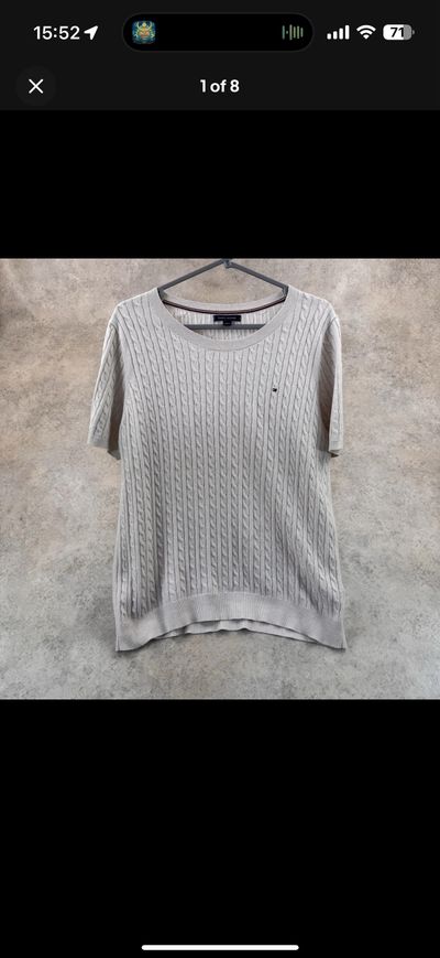 Tommy Hilfiger Short Sleeve Cable Knit Jumper Cream Stone Beige Cotton L Large