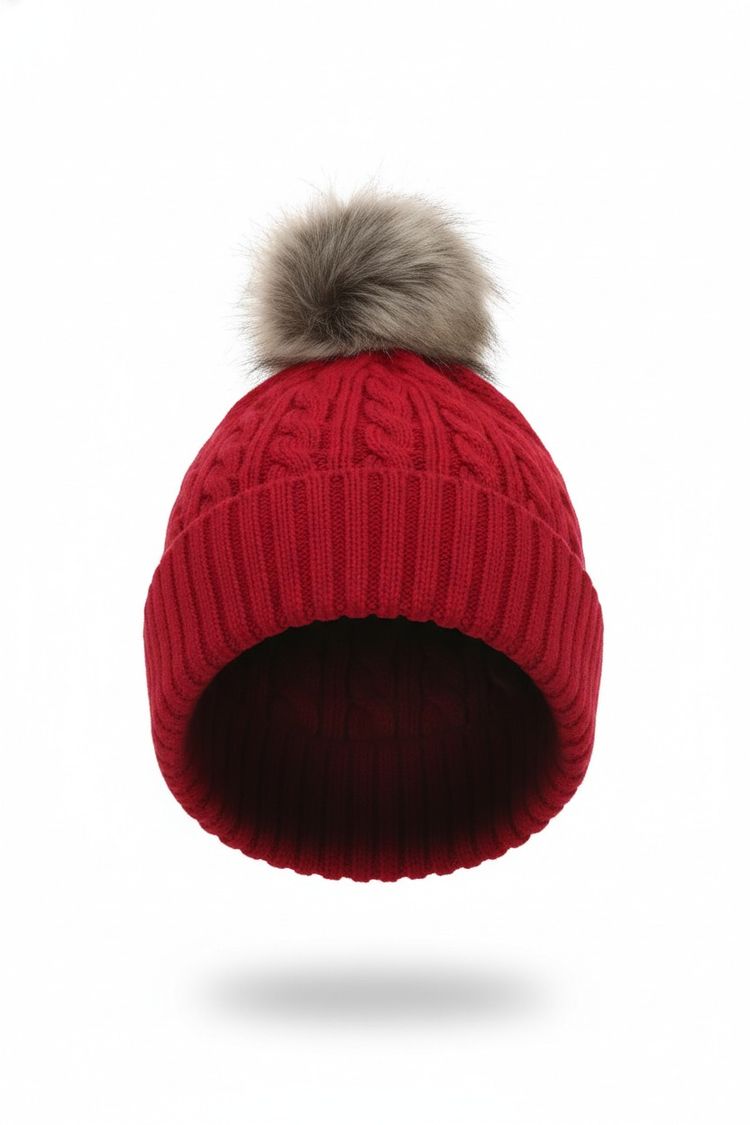 Other Red Knit Beanie With Fur Pom Pom product image