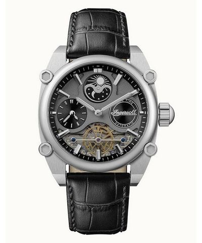 Ingersoll The Varsity Sun And Moon Phase Leather Strap Skeleton Grey Dial Automatic I15402 Men's Watch 1