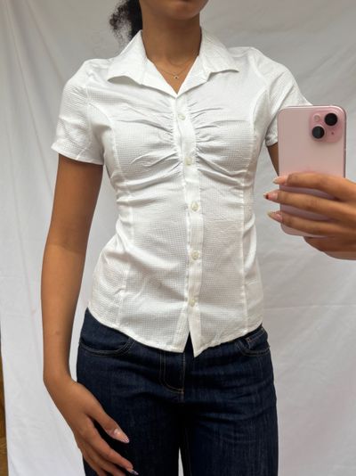 white ruched button-up shirt