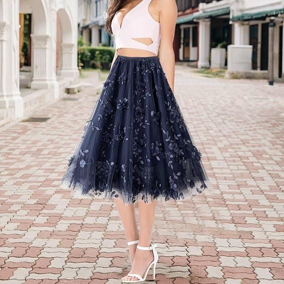Navy Blue Floral Embroidered Tulle Midi Skirt