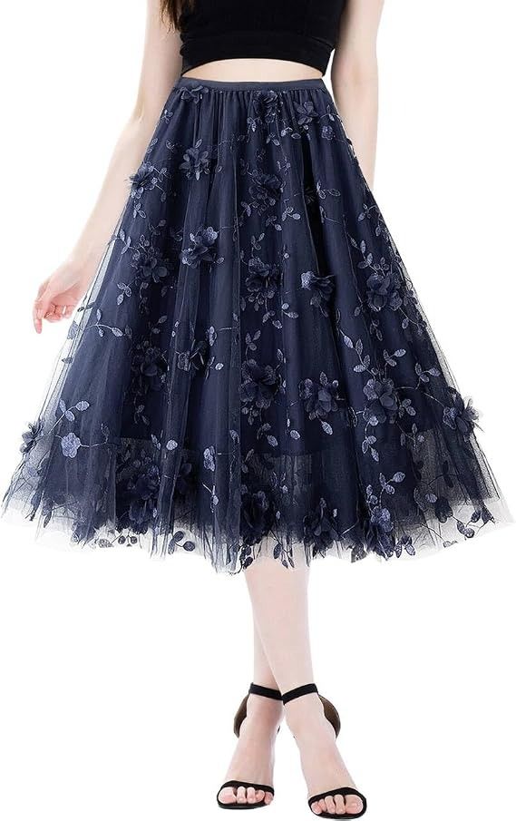Navy Blue Floral Embroidered Tulle Midi Skirt obraz 3