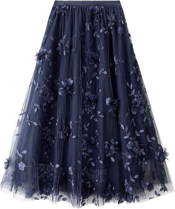 Navy Blue Floral Embroidered Tulle Midi Skirt obraz 2