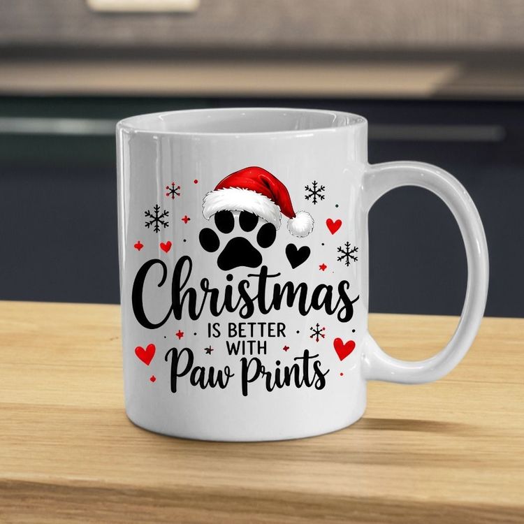 Other Festive Mug Christmas is Better with Paw Prints Santa Hat 325ml Ceramic Coffee Mug – Cute Winter Holiday Tea Cup with Dog & Cat Paw, Hearts and Snowflakes | Available in Multicolours | Fast Dispatch by UK Seller (M1273) product image
