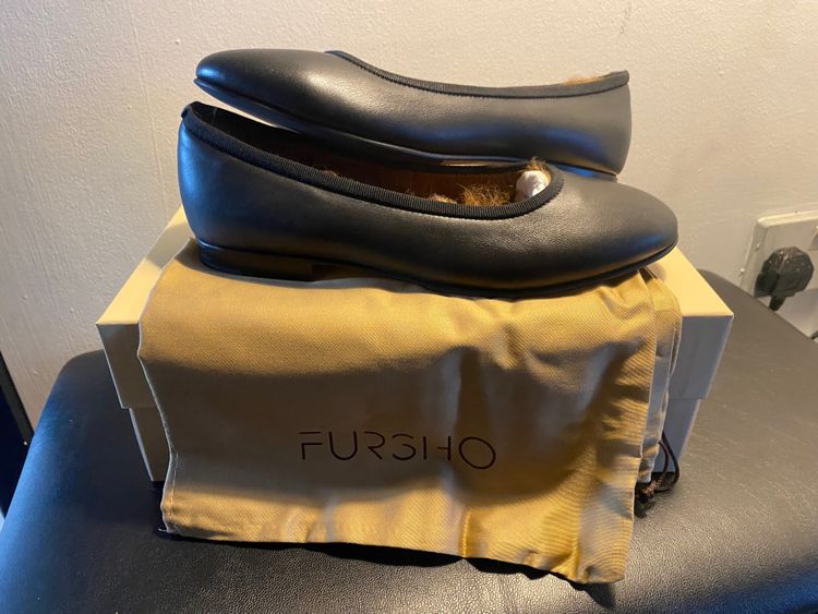 Fursho Black Leather Flats brown inside