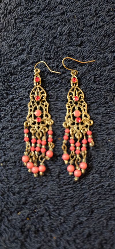 Silver-Tone Chandelier Earrings With Red Beads