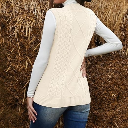 Cream Cable Knit Sleeveless Sweater Vest image 1