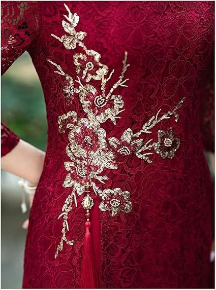 Red Lace Midi Dress With Floral Embroidery