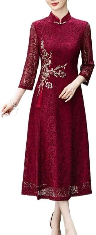 Immagine di Red Lace Midi Dress With Floral Embroidery 2