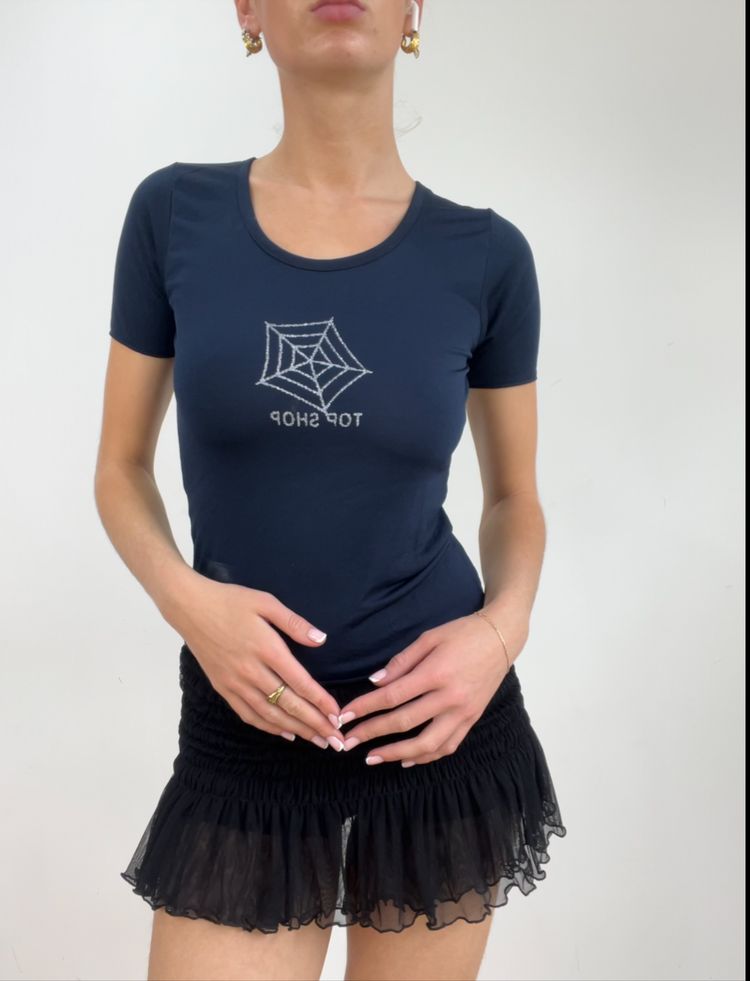 Topshop 💻‼️ small navy old label topshop top with sparkle cobweb print product image