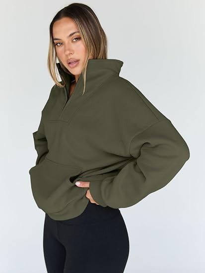 Olive Green Quarter Zip Pullover Sweatshirt imagen 3