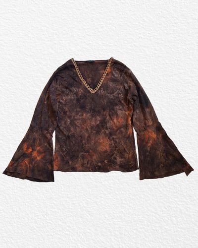 Brown Tie-Dye Long Sleeve Top With Chain Neckline