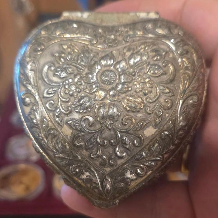 Heart-Shaped Ornate Metal Trinket Box With Red Velvet Interior