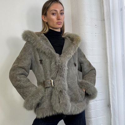 Grey Fur-Trimmed Hooded Jacket With Belt