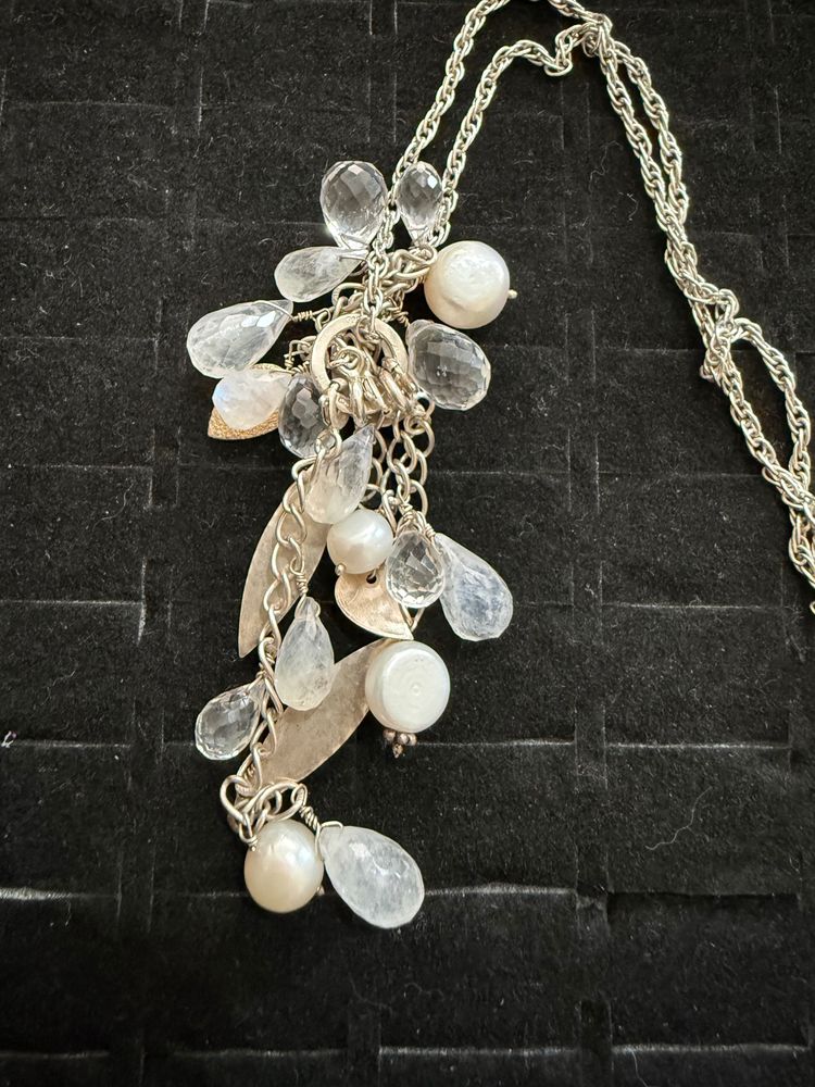 Silver Chain Necklace With Clear And Pearl-Like Beads
