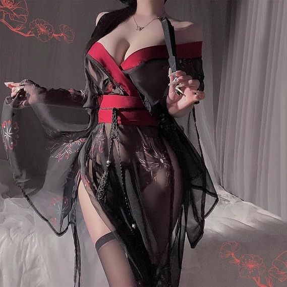Black And Red Sheer Floral Kimono Robe With Stockings image 2