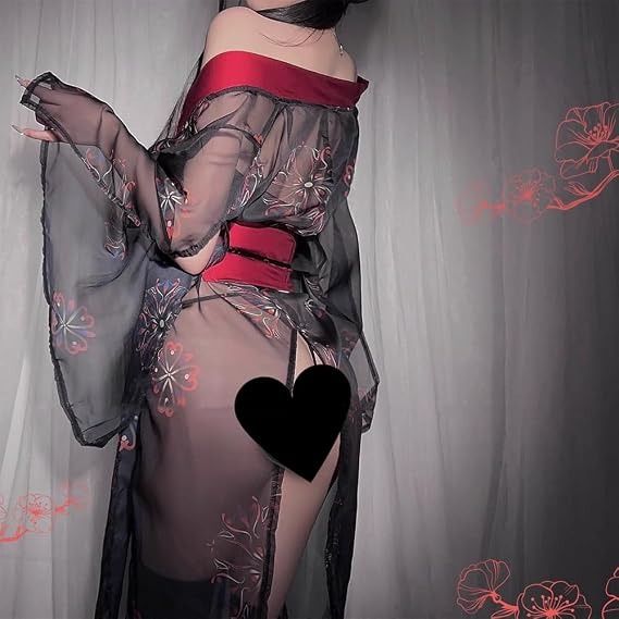 Black And Red Sheer Floral Kimono Robe With Stockings image 4