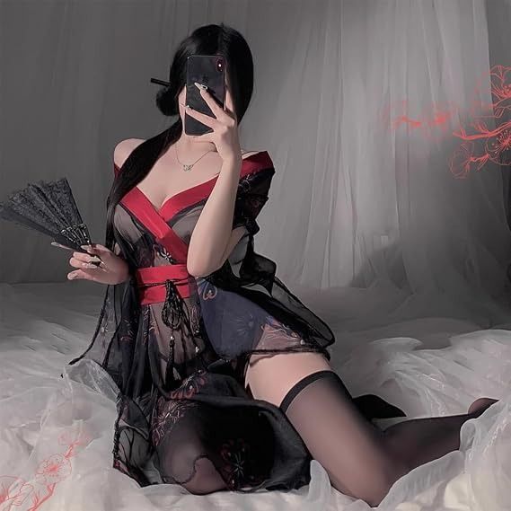Black And Red Sheer Floral Kimono Robe With Stockings image 3
