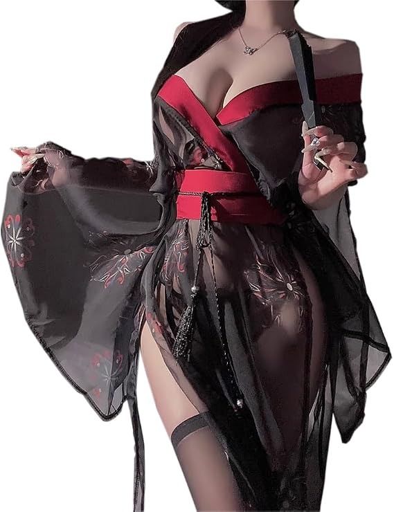 Black And Red Sheer Floral Kimono Robe With Stockings image 1