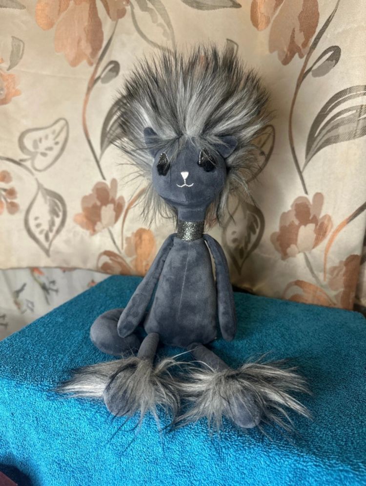Grey Plush Doll With Faux Fur Hair And Tail