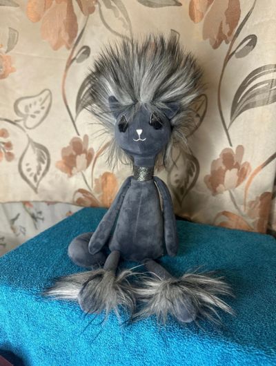 Grey Plush Doll With Faux Fur Hair And Tail