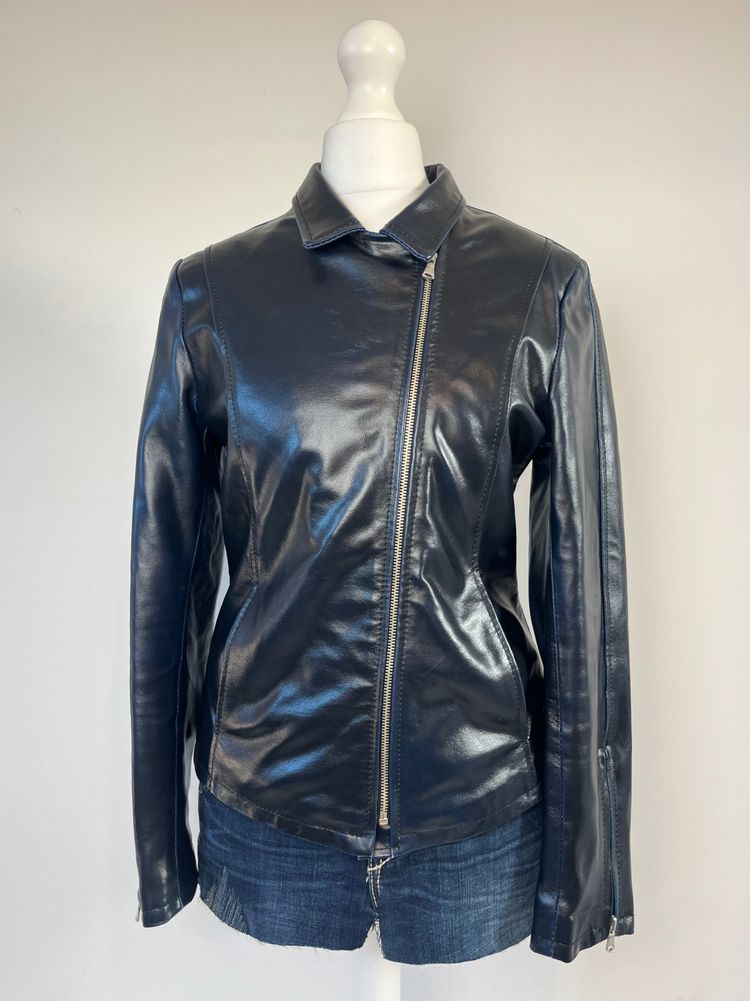 Indigo blue asymmetric italian leather jacket