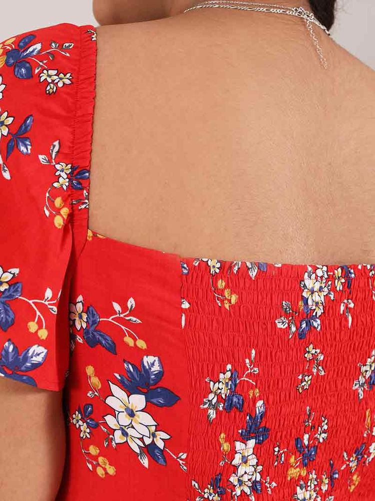 Flower Power Fitted Crop Top, Upcycled Viscose, in Red Flower Print image 8