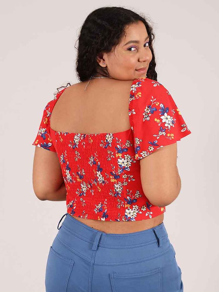Flower Power Fitted Crop Top, Upcycled Viscose, in Red Flower Print image 2
