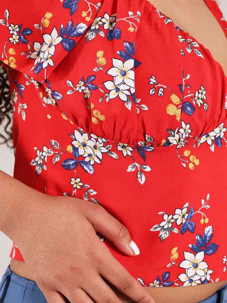 Flower Power Fitted Crop Top, Upcycled Viscose, in Red Flower Print image 7