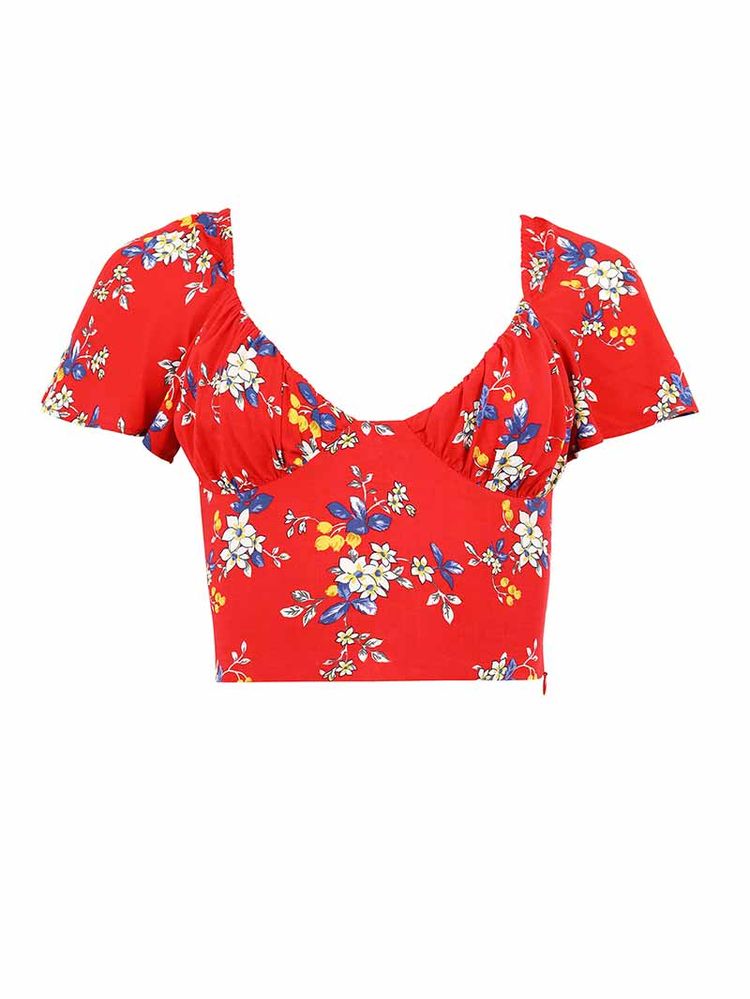 Flower Power Fitted Crop Top, Upcycled Viscose, in Red Flower Print image 4