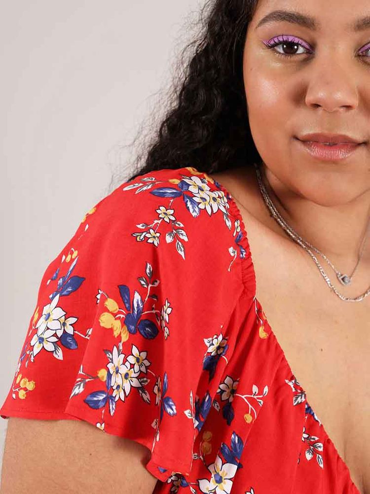Flower Power Fitted Crop Top, Upcycled Viscose, in Red Flower Print image 3