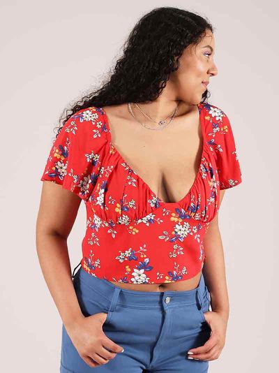 Flower Power Fitted Crop Top, Upcycled Viscose, in Red Flower Print