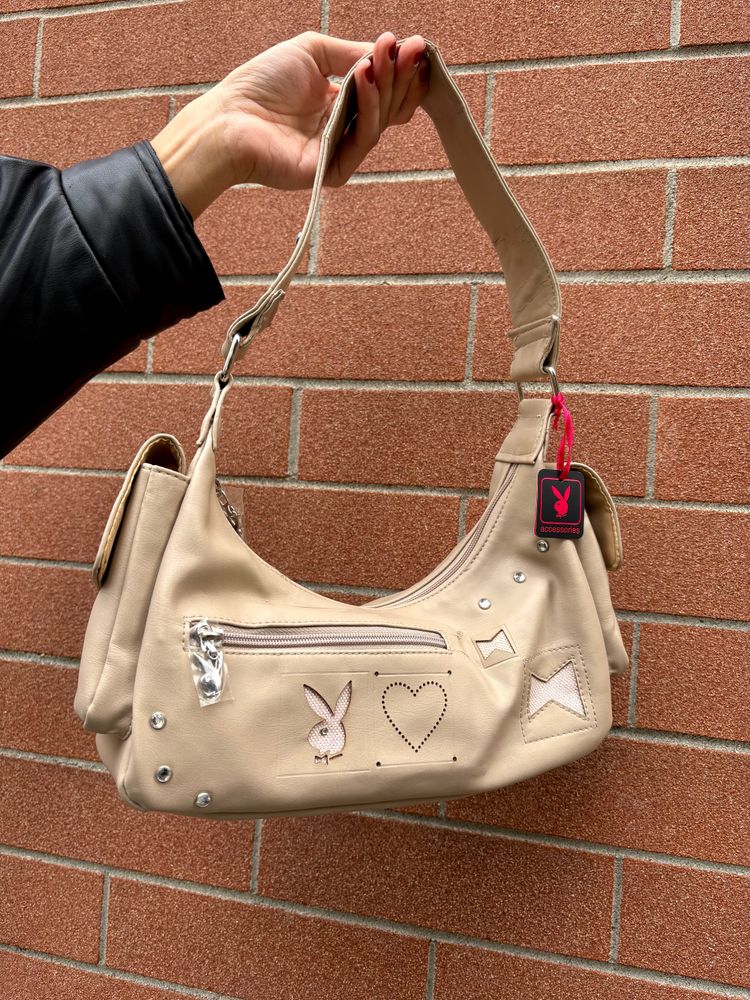 Beige Shoulder Bag With Playboy Logo And Heart Design