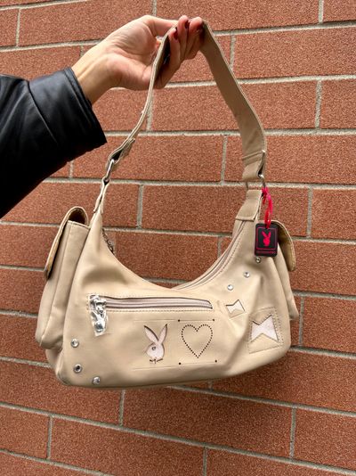 Beige Shoulder Bag With Playboy Logo And Heart Design