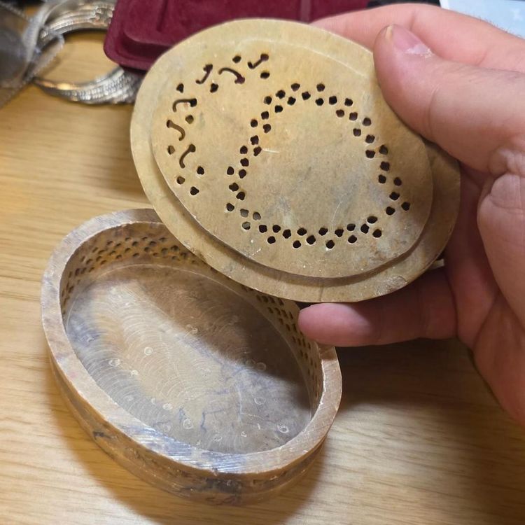 Carved Stone Trinket Box With Floral Inlay