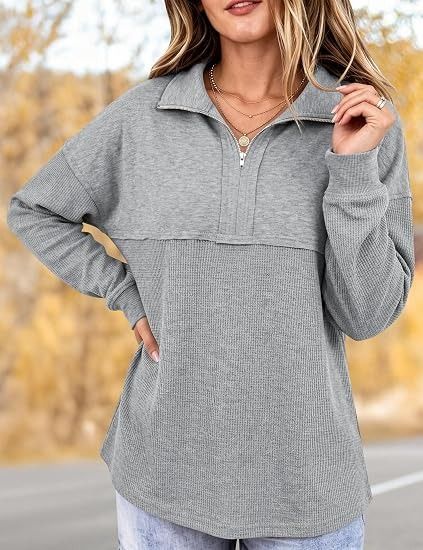 Grey Half-Zip Pullover Top obraz 2
