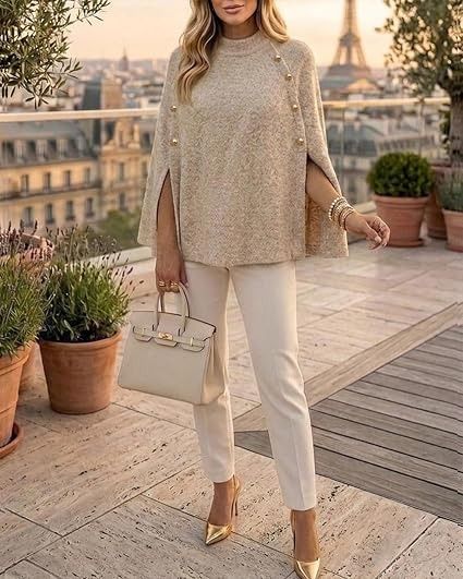 Beige Knit Cape Sweater obraz 3