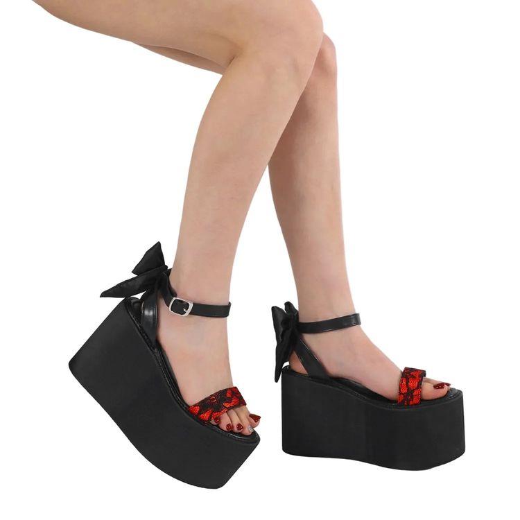 Other Black Platform Wedge Sandals With Red Lace Strap And Bow Detail product image
