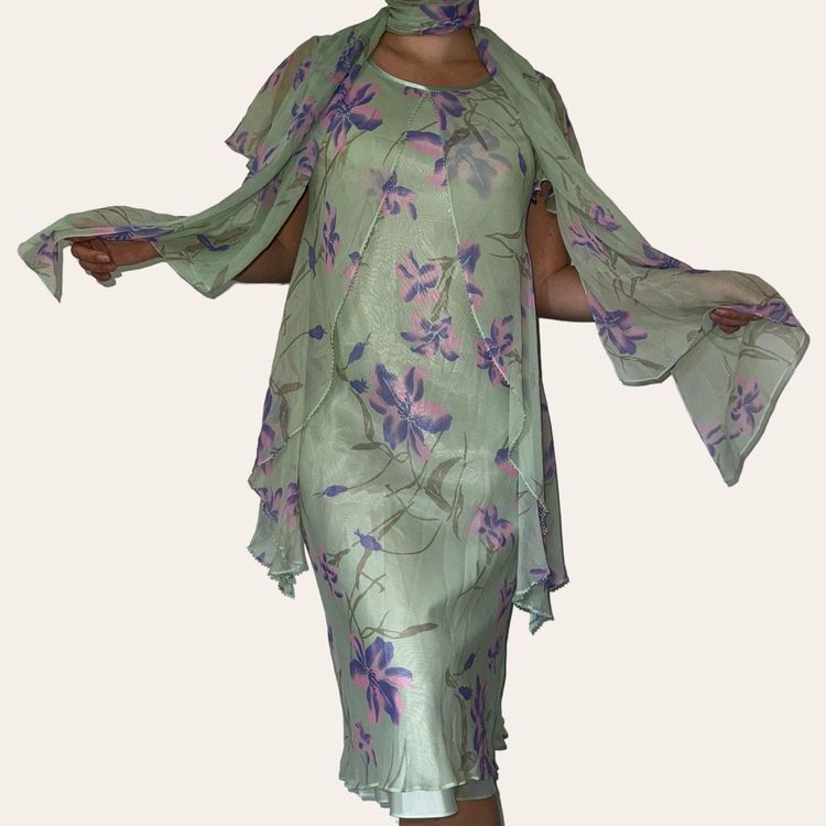Mint Floral 100% Silk Dress With Matching Scarf
