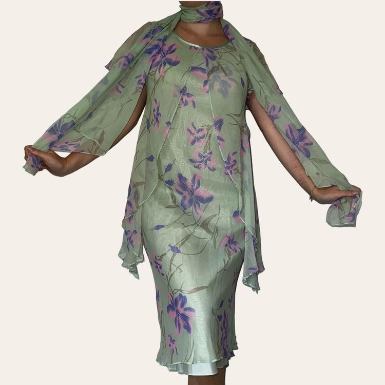 Mint Floral 100% Silk Dress With Matching Scarf image 3